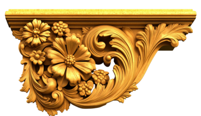 Golden floral ornament isolated on a transparent background is visible.
