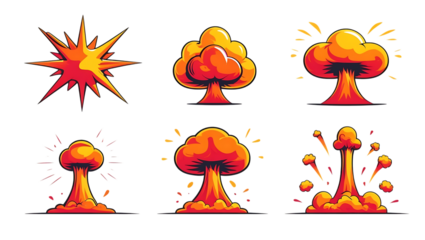 Collection of stylized explosion and mushroom cloud graphics isolated on transparent background