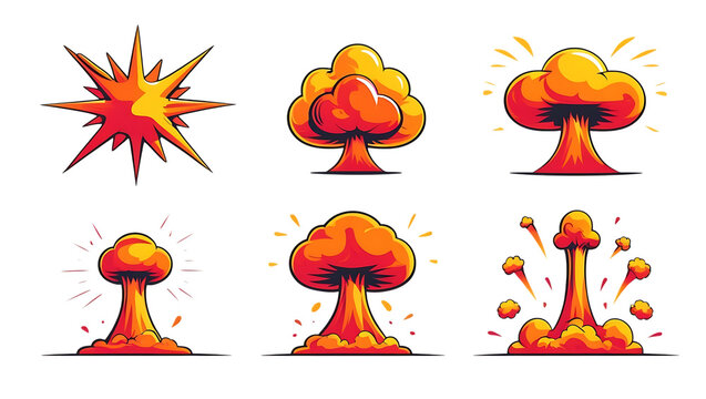 Collection of stylized explosion and mushroom cloud graphics isolated on transparent background