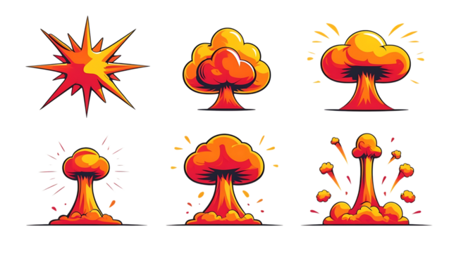 Collection of stylized explosion and mushroom cloud graphics isolated on transparent background