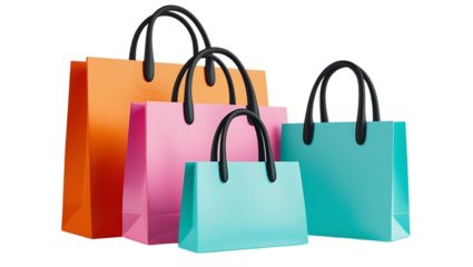 Group of colorful shopping bags with black handles isolated on transparent background