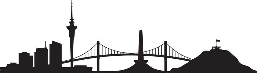 Black silhouette of a city skyline featuring a tall tower and a suspension bridge white