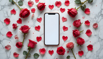 Blank Smartphone Surrounded by Red Roses, Petals, and Hearts on Marble Surface – Romantic Still Life Representing Love, Connection, and Sentimental Expression