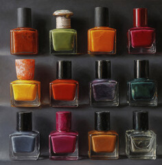 square-shaped nail polish bottles in various colors, arranged to create an abstract pattern on the canvas,is sharp and clear, capturing every detail from their intricate designs to their glossy finish