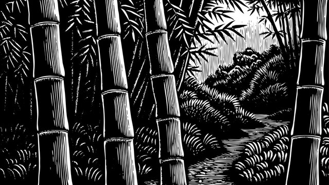 Tall bamboo stalks with segmented nodes and slender leaves, captured in elegant black and white line art illustration, ideal for Asian-inspired, eco-friendly and minimalistic artistic design themes