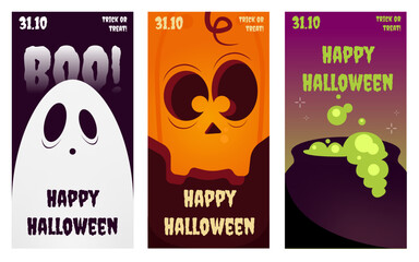 Cute Halloween Story Banners with Ghost, Pumpkin and Cauldron – Vector Illustration