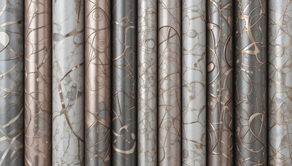 Assorted Rolls of Neutral-Toned Wallpaper with Metallic Abstract Patterns – Interior Decoration Still Life Representing Surface Elegance, Design Variety, and Textural Refinement