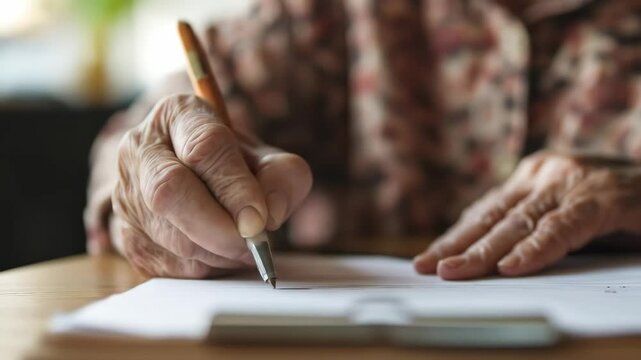 Older woman writing on document with pen. Senior citizen or elderly person signing paper or letter. Close up footage.