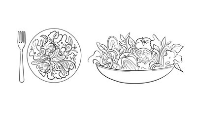 Vegetable salad, cucumbers, tomatoes from plate, continious line drawing. Helthy food outline. Restaurant menu.Vector illustration