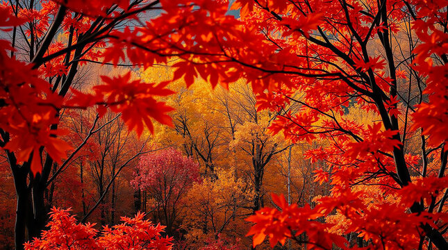 Ai generated image of framed by red maple leaves, an autumn forest landscape