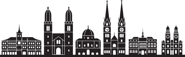 Cityscape silhouette of historical buildings and churches architecture