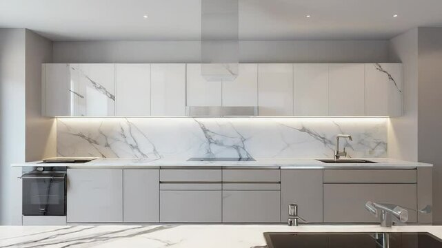 Modern minimalist kitchen interior design featuring marble countertops and backsplash