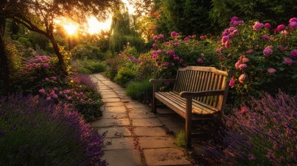 Obraz premium Tranquil Garden Pathway Surrounded by Colorful Flowers and Lavenders at Sunset, Inviting Wooden Bench for Relaxation Amidst Nature's Beauty
