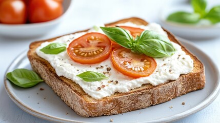 Delicious Plate of Bread Garnished with Cream Cheese and Fresh Tomatoes