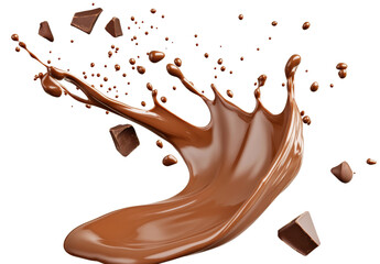 Chocolate sauce is splashing with chunks and small drops of chocolate isolated on transparent background.
