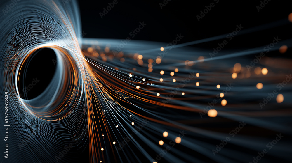 Poster abstract light trails forming a vortex with glowing particles on a dark background design concept