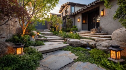 Serene Garden Pathway with Lanterns and Stone Steps Leading to Stylish Modern House Surrounded by Lush Greenery and Decorative Rock Features