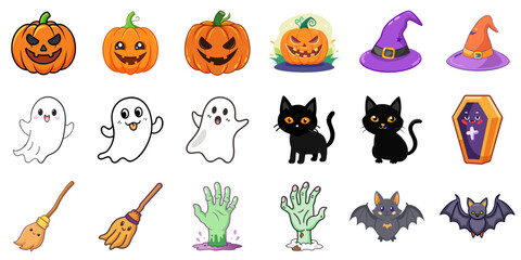 Set of Halloween vector icons including pumpkins, ghosts, witch hats, bats, coffins, and zombie hands. Playful and spooky set perfect for party invitations, decorations, or seasonal content.