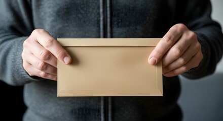Fototapeta premium Man holding a blank brown letter or envelope. Paper for text copy space. Mail or message concept