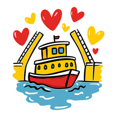 Ship sailing under an open drawbridge with flying hearts. Love, travel, happiness concept. Simple doodle style vector illustration for greeting card, sticker