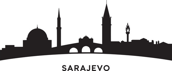 Sarajevo cityscape silhouette with dome minaret bridge tower and flame skyline black