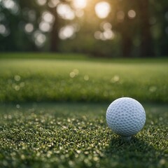 Close-up golf ball on tee with blur green bokeh background.