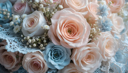 Bouquet of Pink and Blue Roses with White Lace and Tiny Flowers – Floral Still Life Representing Romantic Whimsy, Soft Elegance, and Decorative Grace
