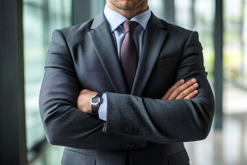 Confident business professional in suit with arms crossed symbolizing leadership, power, authority, and corporate success