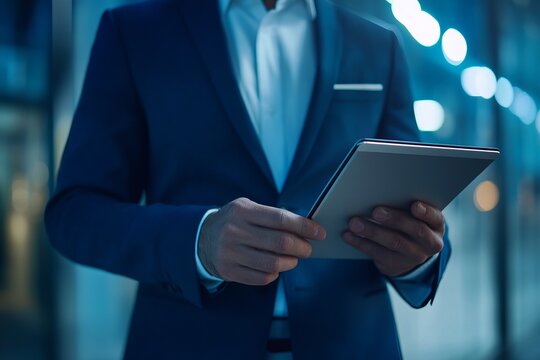 Business professional in elegant suit using digital tablet at night in modern city environment representing technology and innovation