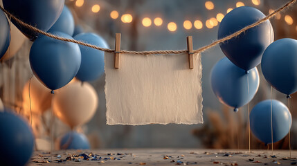 Hanging empty paper note on rope with blue balloons and string lights celebrating a party