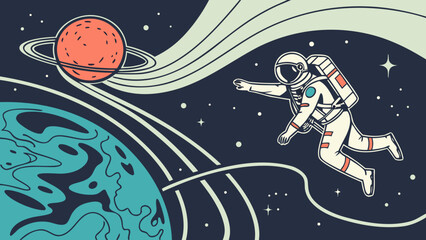 Fototapeta premium An astronaut floats in space, reaching toward a distant red planet amidst cosmic swirls and vibrant starry backdrop.
