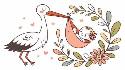 Obraz premium A sweet illustration of a stork delivering a baby in a cozy sling, surrounded by floral elements and hearts.
