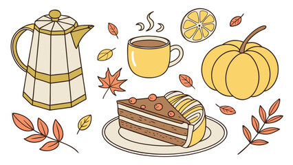 Cozy autumn scene featuring a cup of coffee, cake, a kettle, and a pumpkin, surrounded by colorful leaves.