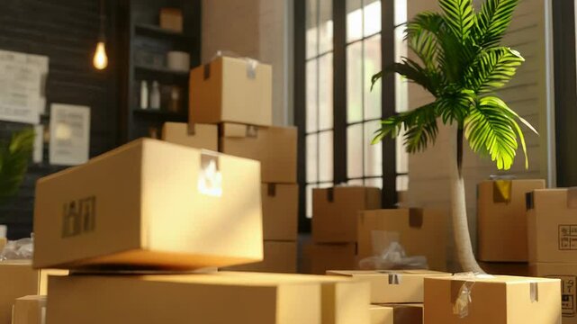 Cardboard boxes stacked in a modern office during relocation
