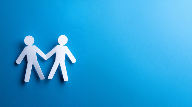 Two paper cut out figures holding hands on a blue background representing unity and connection concept