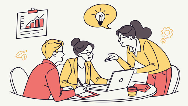 A Hispanic female professional conducts a collaborative meeting with two colleagues, sharing ideas in a bright, modern workspace.