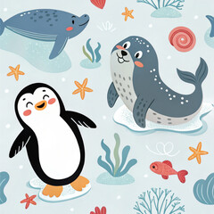 Cute penguins, seals and whale cubs on the ice floes of the North Sea. Seamless pattern.