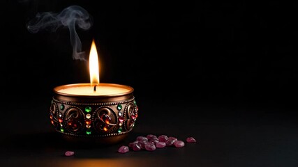 Exquisite jeweled candle bowl, serene mood, emitting smoke against a black background with copy space. - Powered by Adobe