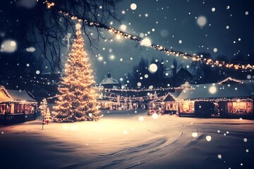 Magical Snowy Christmas Village Scene with Illuminated Tree and Lights