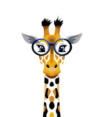 Cute giraffe wearing glasses in a modern colorful vector illustration style, transparent background