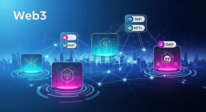 Exploring the Web3 landscape A visual depiction of decentralized finance, NFTs, and DAOs in the digital future.