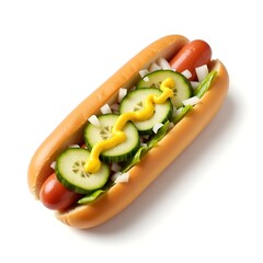 Hot Dog with Mustard, Cucumber, and Onions Isolated on White – Tasty Fast Food Image


