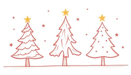 Three stylized Christmas trees, against a white background, creating a whimsical, hand-drawn aesthetic. Christmas card or a simple graphic design element. Flat design, cartoonish, line art, outline