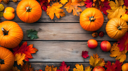 Fall harvest frame with pumpkins, apples, and colorful leaves on a wooden background. Thanksgiving border with copy space.