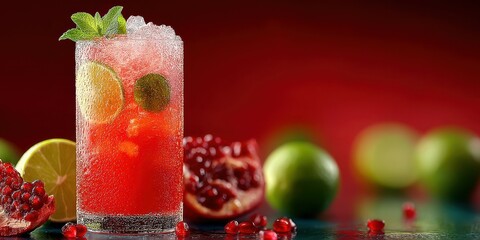 Refreshing mocktail with pomegranate and lime served in a glass with ice against a vibrant red background