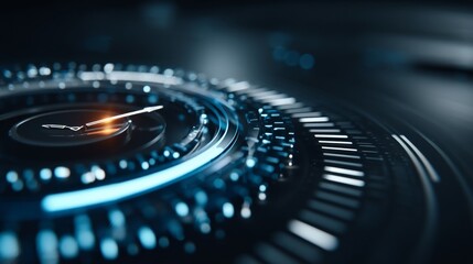 Futuristic circular interface with glowing orange arrow indicator, concentric rings, blue-lit digital readouts, white scale lines, dark blurred background, bokeh effects.
