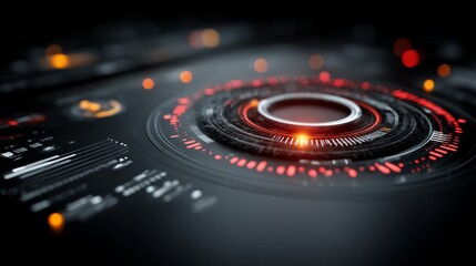 Futuristic digital interface with glowing red and orange central circular element, surrounded by concentric rings, active measurement indicators, and scattered blurred lights.