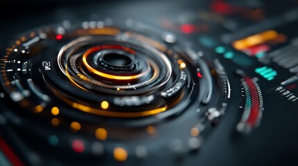 Futuristic circular interface with glowing orange-yellow concentric rings, central black aperture, illuminated markings, vibrant colorful background, sleek modern design.