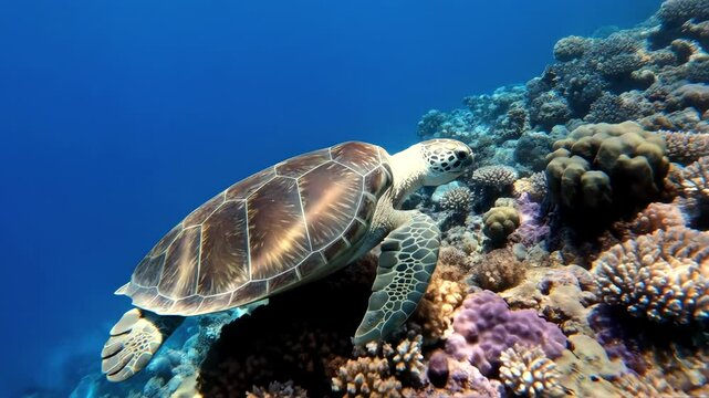 Sea Turtle Swimming Gracefully Near Coral Reef Underwater with Marine Life in Ocean
