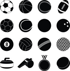 Fototapeta premium Vector Sports Equipment & Game Icons: A Diverse Collection of Balls, Tools, and Medals for Athletics.